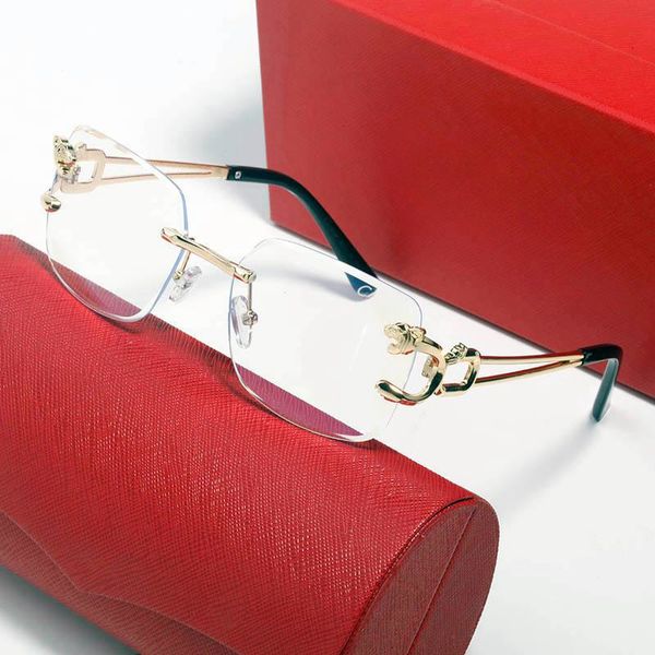 Óculos de sol de designer de moda para mulheres vintage homens búfalo chifre óculos pantera ouro prata metal pernas sem aro óculos de sol homens viagem tour óculos lunettes