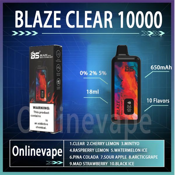 Original Breze Stiik BLAZE BS 10000 Puff Einweg-E-Zigaretten-Vaper-Bar mit E-Liquid-Akku, LED-Anzeige, wiederaufladbar, 650 mAh, 18 ml, 10.000 Puff, 10 Geschmacksrichtungen