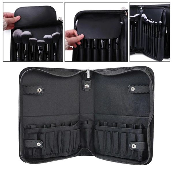 Kozmetik çantalar profesyonel makyaj fırçaları organizatör çanta kompakt stand-up fermuarlı tasarım siyah