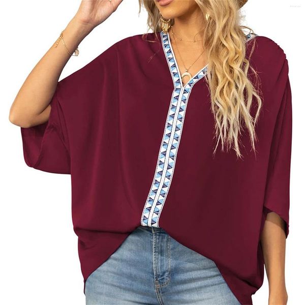 Magliette da donna Camicette in chiffon con scollo a V da donna Camicetta casual con maniche a campana a 3/4 Camicia a tunica pieghettata Stampa floreale a palloncino