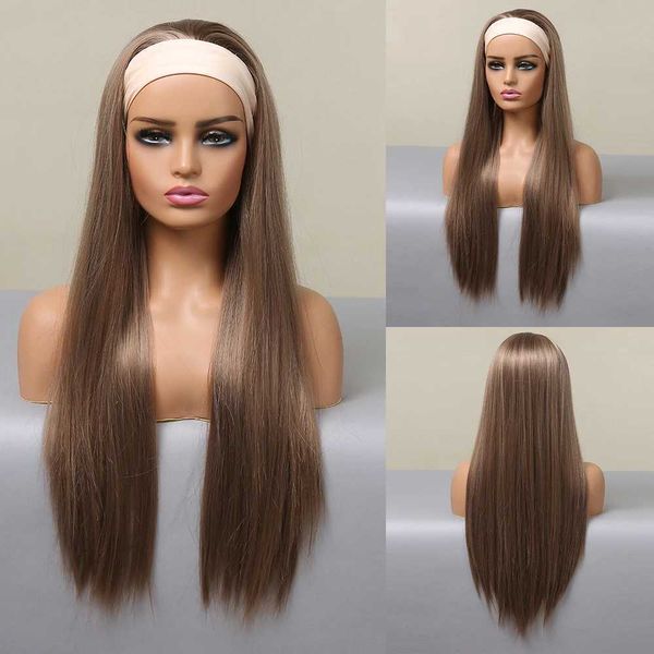 Perucas sintéticas longas retas marrom loira perucas sintéticas para mulheres negras destaque perucas de cabelo dourado diário cosplay resistente ao calor 240328 240327