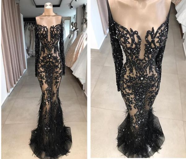 Real Po Black Lace Sheer manica lunga abiti da cerimonia abito da sera Plus Size economici 2019 trajes de gala Feather Black Girls Prom D9088253