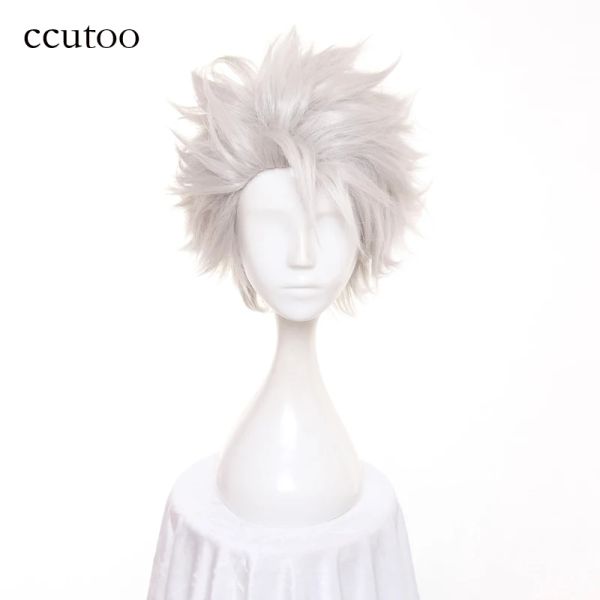 Peruklar ccutoo erkekler hitsugaya toushirou kısa gümüş beyaz katmanlı kabarık sentetik cosplay saç perukları ısı direnci fiber