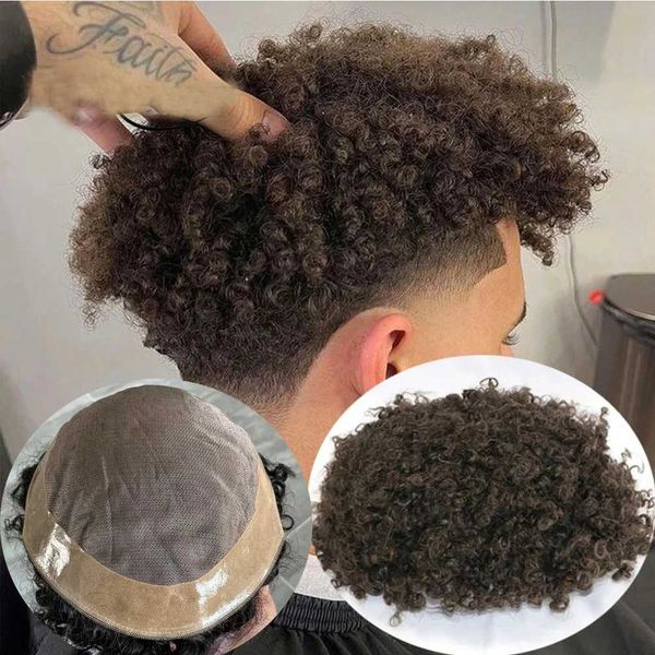 Perucas sintéticas 8mm Afro Toupee Man Weave Unit Black Mens Kinky Curly 100% cabelo humano perucas afro-americanas para homens Mono Lace com PU em torno de 240318