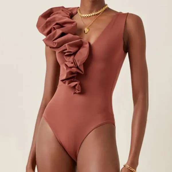 Mulheres de banho rosa babados um pedaço maiô monokini cintura alta sólido emagrecimento biquíni beachwear feminino redutores barriga 2024 moda