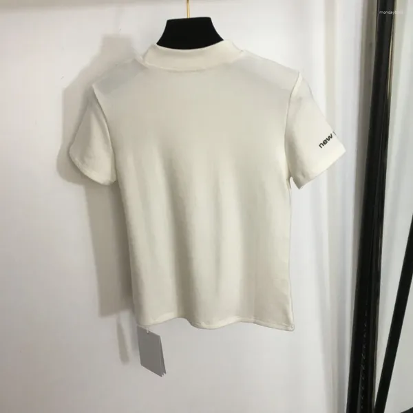 T-shirt da donna Top da donna all'inizio della primavera Mezza dolcevita T-shirt a maniche corte Scritta ricamata Girocollo Patchwork Cotone dimagrante