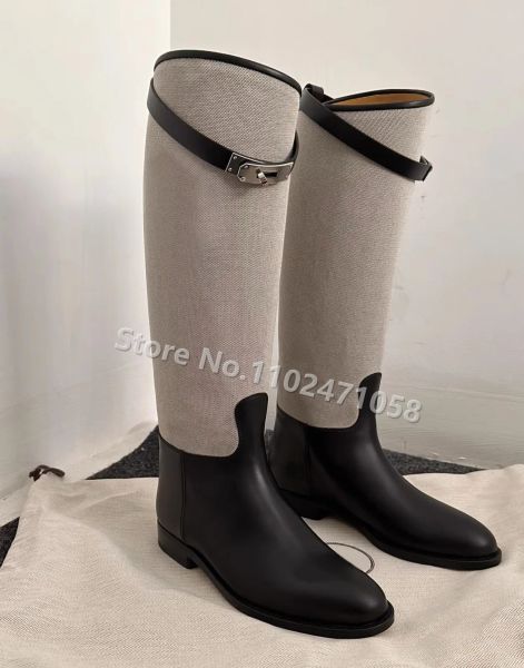 Сапоги Retro Metal Decer Lock смешанный цвет колена Hight Women Boots British Style круглый ноги