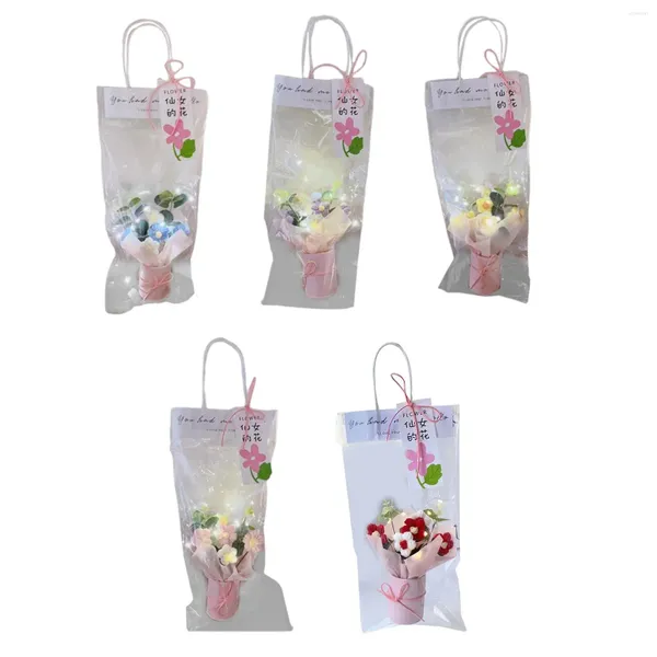 Fiori decorativi Bouquet di fiori all'uncinetto con luci Regalo artificiale lavorato a maglia per la festa della mamma, fidanzata, San Valentino, laurea