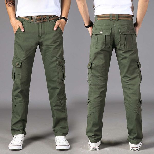 Calças de grife dos homens workwear ao ar livre calças casuais em linha reta ajuste puro algodão multi saco calças compridas corredores jeans verdes