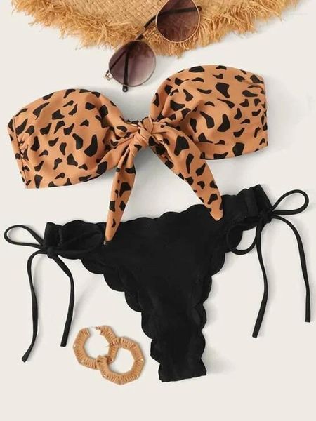 Costume da bagno da donna Bikini a fascia smerlato leopardato Costume da bagno femminile da donna Costume da bagno a due pezzi con cravatta annodata Costume da bagno da spiaggia