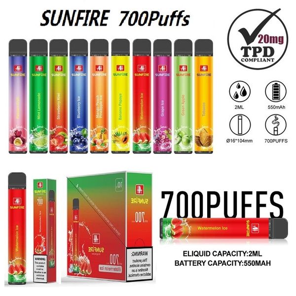 Einweg Vape Stift Authentic Sunfire TPD 700 Puff 550mAh 2ml Vorgefüllt 10 registrierte Geschmack