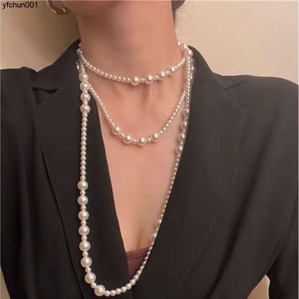 Outono novo três camadas colar de pérolas francês elegante longo jantar estilo camisola corrente feminina