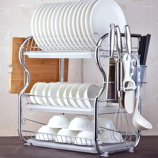 Conjunto de rack de prato de drenagem doméstico, armazenamento de cozinha, três camadas, prato, talheres, copo com bandeja e tigela