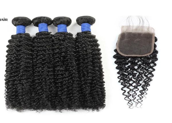 Wefts de cabelo humano peruano 10a Cabelo de cabelo brasileiro Pacotes de cabelo humano com fechamento Kinky Curly 4Bundles com fechamento15113082098277