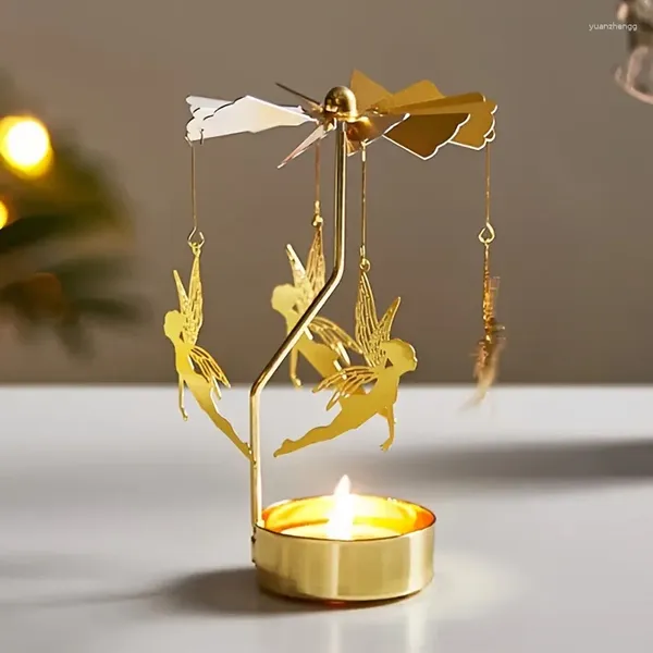 Titulares de vela 1 pc Golden Carrossel Spinner Metal Windmill Rotating Candlestick Light Holder Elegância Home Party Decoração de Mesa de Casamento