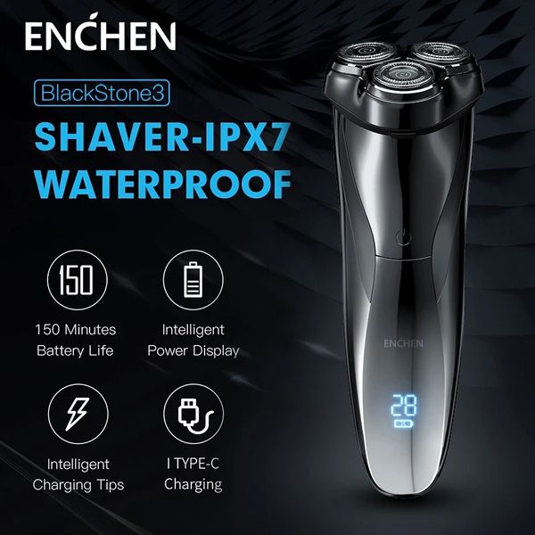 Enchen Electric Tıraş Makinesi 3D Blackstone3 IPX7 Su Geçirmez Jilet Islak ve Kuru Çift Kullanım Yüz Sakalı Pil Dijital Ekran Erkekler için 240313