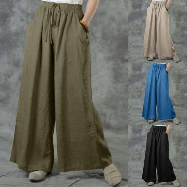 Женские брюки палаццо, широкие брюки для женщин, хлопково-льняные однотонные брюки длиной до пола, плиссированные брюки, повседневные летние брюки с высокой талией на шнуровке