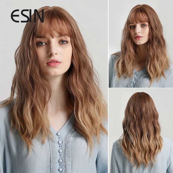 Parrucche sintetiche ESIN Capelli sintetici Marrone scuro Ombre Marrone chiaro Parrucca lunga ondulata naturale con frangia Parrucche naturali cosplay per donne Lolita 240328 240327