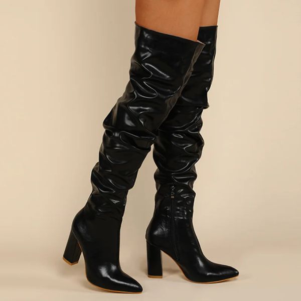 Сапоги Комморки Женщины Overthe Knee Boots Punk Square High Heel Winter Lean