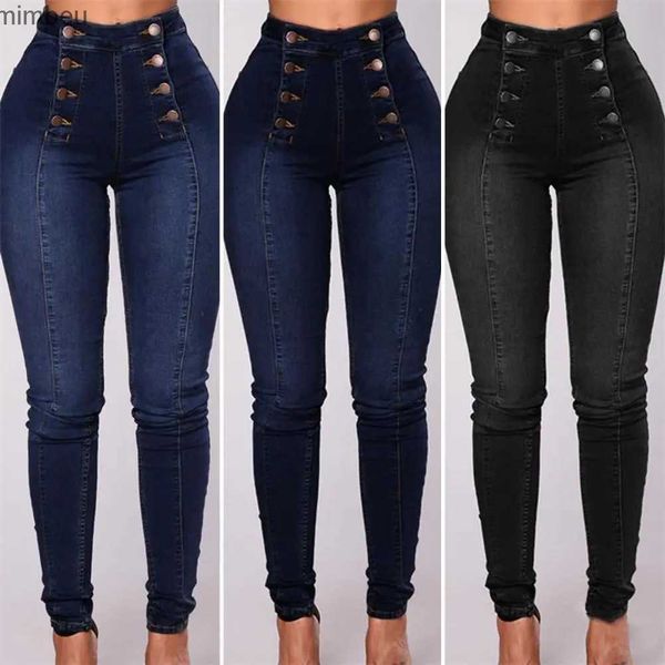 Jeans femininos mulheres cintura alta lápis jeans vintage magro bolsos duplos push up comprimento total calças jeans calças femininas roupasC24318