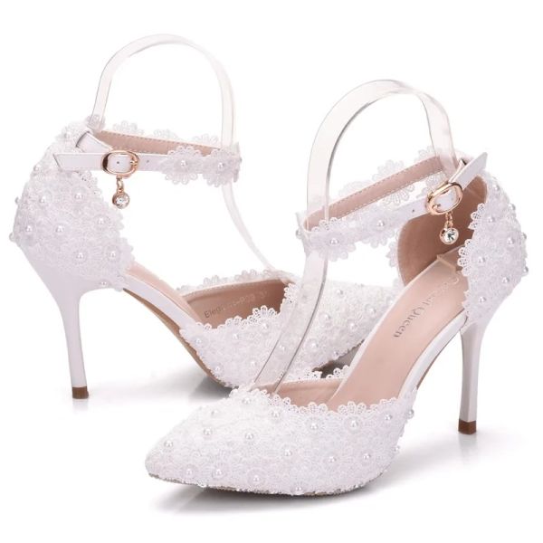 Stivali scarpe da donna tacchi alti pompe cinghia in pizzo cavo puntato tacchi sottili di punta 9,5 cm Donna bianca Scarpe da sposa Office Abito da ufficio