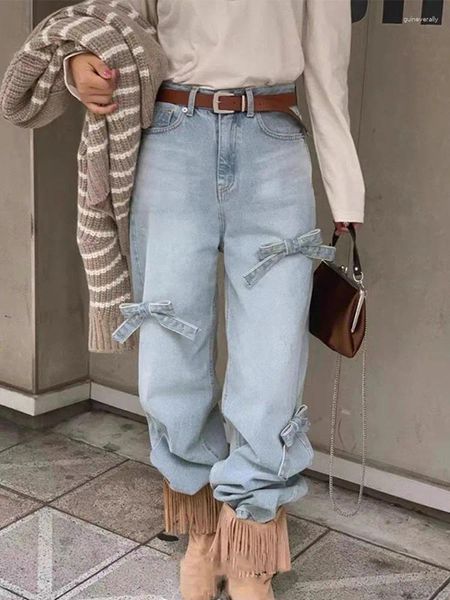 Jeans da donna con fiocco larghi da donna 2024 moda streetwear a vita alta vintage chic dritto a tutta lunghezza gamba larga