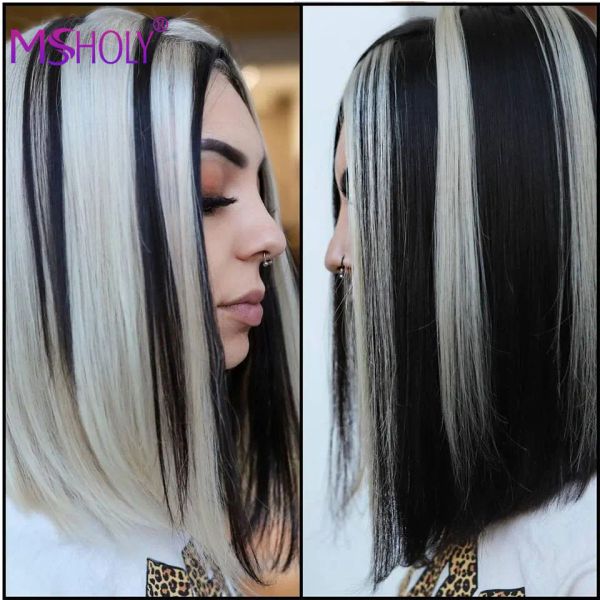 Perucas curtas retas prata branco peruca destaque perucas de cabelo sintético para preto branco feminino tira cosplay peruca alta temperatura msholy