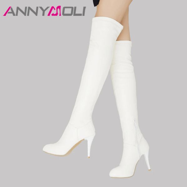 Stivali Annymoli High Heel Over the Knee Boots Stivali alti stivali da donna Stivali inverno scarpe lunghe di punta zip Scarpe da donna sexy bianca bianca