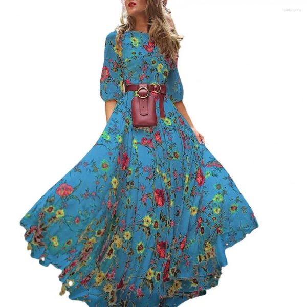 Vestidos casuais floral vestido longo elegante impressão maxi para mulheres a linha silhueta alta cintura design meia manga detalhe primavera