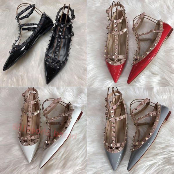 scarpe firmate da donna Sandali punta a punta 2 cinturini borchie piatte di lusso in vera pelle Rivetti scarpe eleganti con cinturino nero bianco nudo rosso Scarpe estive da donna sandali