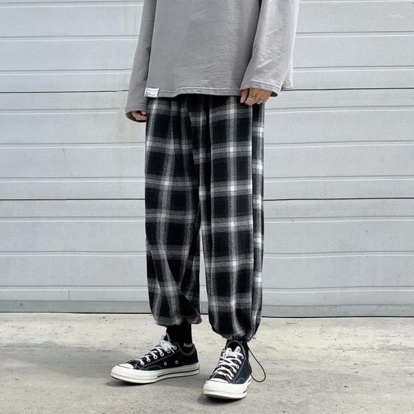 Männer Hosen Schwarz Plaid Männer Mode Retro Casual Lose Gerade Breite Le Streetwear Herren Vintage Hose Plus Größe 5XL