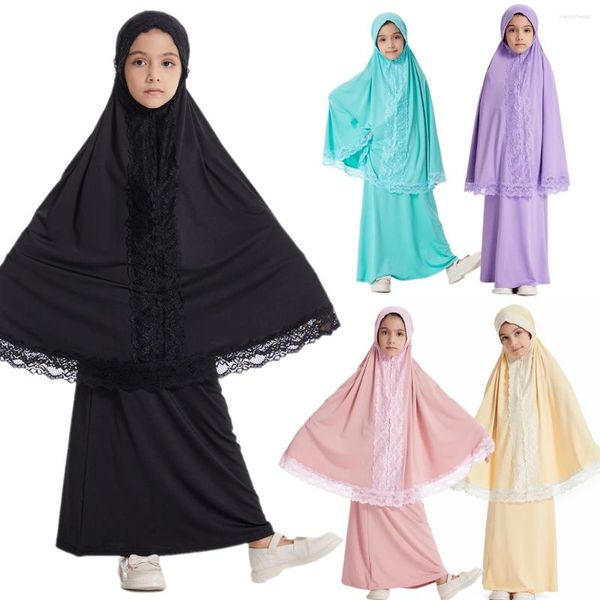 Ethnische Kleidung EID mit Kapuze muslimische Kinder Hijab Kleid Gebet Kleidungsstück Kinder Mädchen Khimar Rock Abaya Sets volle Abdeckung Vestidos Ramadan Kleidung