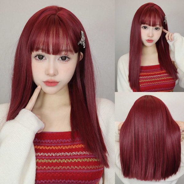 Parrucche sintetiche Capelli lisci di media lunghezza Parrucca sintetica cosplay vino rosso con frangia per le donne Parrucche caschetto corto per feste di Halloween resistenti al calore 240328 240327