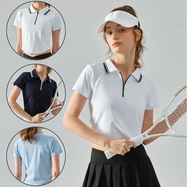 Mulheres com zíper polo camisa de tênis senhoras magro manga curta badminton camiseta feminino respirável atlético treino topos blusa casual 240306