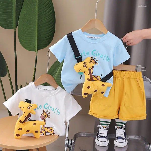 Комплекты одежды для мальчиков, летних рожденных детей, 2 шт./компл., футболки с короткими рукавами, брюки с игрушкой-жирафом, спортивный костюм, От 0 до 5 лет