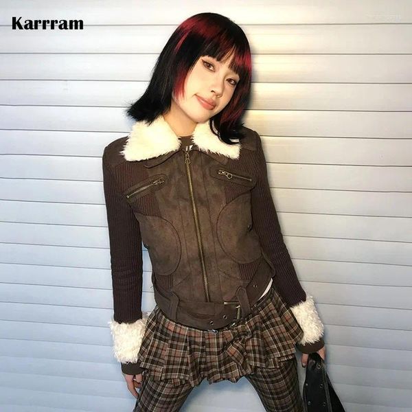 Giacche da donna Karrram Cappotto di pelliccia giapponese Y2k Donna Giacca americana retrò marrone lavorata a maglia Cerniera stile coreano vintage Estetica invernale anni 2000