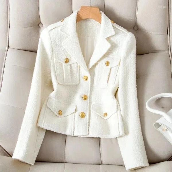 Abiti da donna Moda Blazer bianco Colletto piccolo Giacca profumata Cappotto in tweed di alta qualità Capispalla corto in lana nera Top femminili 4XL