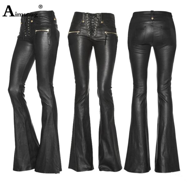 Stiefel Frauen Fashion PU Lederhose hohe Taille weibliche dünne Flare Hosen Girls Multizippers Hosen sexy Stiefel geschnitten Faux Leder Hose