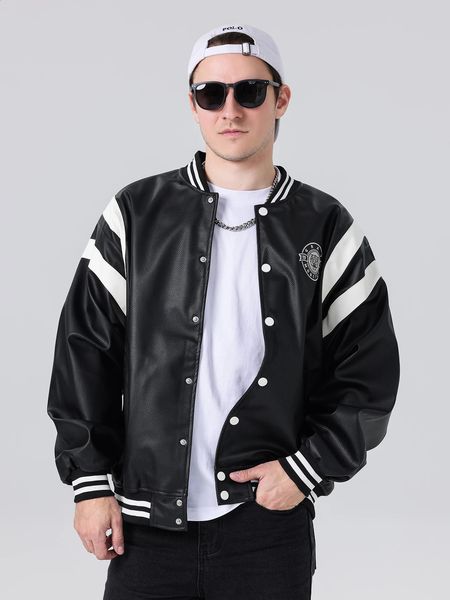 Frühling Herbst Herren PU Kunstleder Jacke Biker Oberbekleidung Vintage Tiger Muster Sport Button Up Varsity Lose Baseball Mäntel 240315