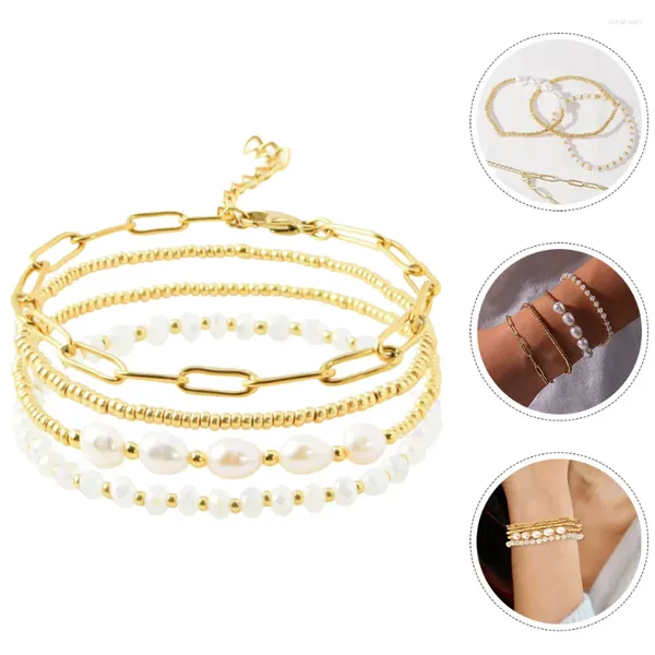 Charm-Armbänder, 4-teiliges Perlenarmband-Set Gold für Damen, trendige goldene Armbänder, plattiert, stapelbar, Miss