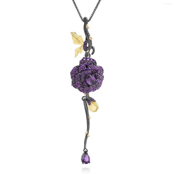 Catene in oro 18 carati nero su argento 925 Collana con pendente in pietra preziosa naturale ametista fatta a mano con fiore di rosa bicolore per le donne