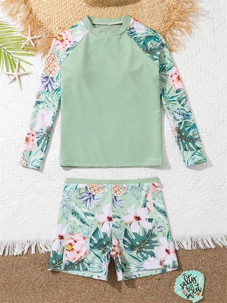Женские купальники, купальник для девочек, 2024, зеленый принт с длинными рукавами, детский летний купальник из двух предметов, детская пляжная одежда, купальный костюм для девочек
