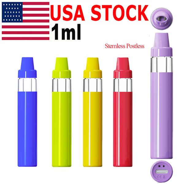 USA STOCK Einweg-Vape-Stift, 1 ml, E-Zigaretten-Pod, dicker Öl-Verdampfer, ohne Stiel, Postless-Keramikspule, leer, wiederaufladbarer 400-mAh-Akku, 5 Farben, runde Stifte mit einrastbarer Spitze