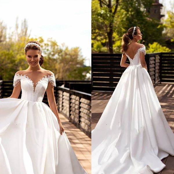 Abito da sposa in raso con perline Abito da sposa elegante su misura Vestido de Noiva Abiti da sposa principessa Corte dei treni Abito da sposa con maniche ad aletta YD