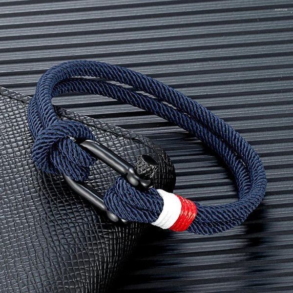 Braccialetti con ciondoli MKENDN Bracciale in corda intrecciata blu navy Bracciale in acciaio inossidabile nero con fibbia di sopravvivenza per uomo Donna Coppia regali