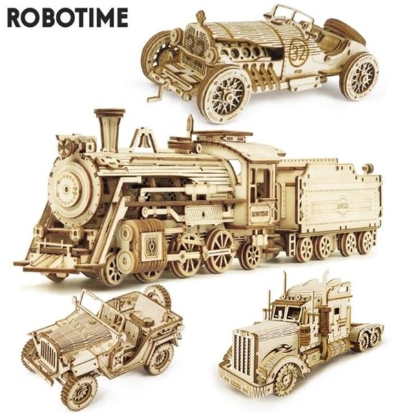 Robotime Rokr Trem mecânico de madeira 3D quebra-cabeça carro brinquedo montagem locomotiva modelo kits de construção para crianças presente de aniversário 223148789