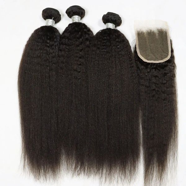 Закрытие IXTUYLL Kinky Straight Yaki Virgin Human Hair Weft Натуральные черные бразильские пучки человеческих волос с кружевной фронтальной застежкой