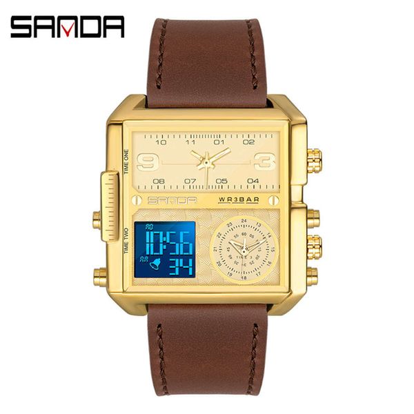 Sanda Fashion Casual Herren Multifunktions-Armbanduhr mit wasserdichtem Lederarmband, elektronische Uhr, quadratisch, personalisierbar, großes Zifferblatt