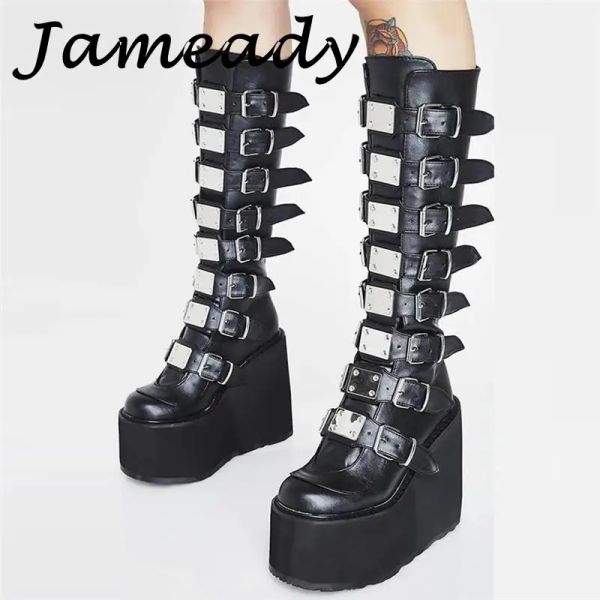 Stiefel klobige Absatzplattform hohe Top -Stiefel -Gurt Super High Heel Wedges Knie High Shoes Weibliche Metalldekoration Motorradstiefel