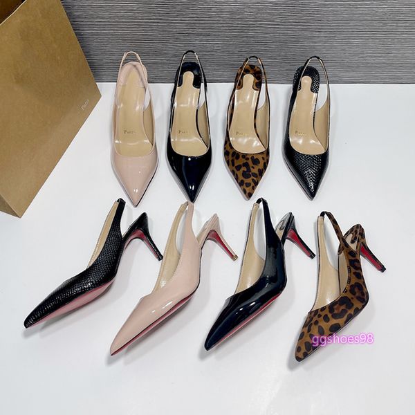 Sandálias de designer sapatos de salto sapatos sapatos apontados slingbacks bombas patente camurça mulheres leopardo impressão cor nude festa de luxo sapato de casamento com caixa